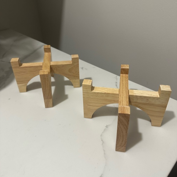 Textured Gray and White Ceramic Pots with Wooden Stands - Set of 2 - Picture 4 of 7